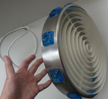 Load image into Gallery viewer, Carl Fagerlund. SWEDISH 1960s Silver Tone Pendant Lampshade with Blue Glass Inclusions and Original Diffuser Below
