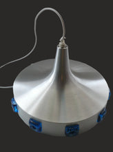 Load image into Gallery viewer, Carl Fagerlund. SWEDISH 1960s Silver Tone Pendant Lampshade with Blue Glass Inclusions and Original Diffuser Below
