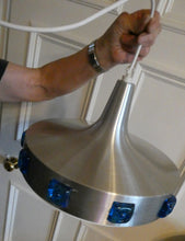 Load image into Gallery viewer, Carl Fagerlund. SWEDISH 1960s Silver Tone Pendant Lampshade with Blue Glass Inclusions and Original Diffuser Below
