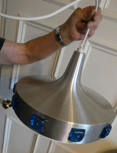 Carl Fagerlund. SWEDISH 1960s Silver Tone Pendant Lampshade with Blue Glass Inclusions and Original Diffuser Below