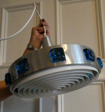 Load image into Gallery viewer, Carl Fagerlund. SWEDISH 1960s Silver Tone Pendant Lampshade with Blue Glass Inclusions and Original Diffuser Below
