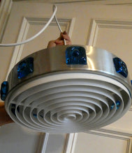 Load image into Gallery viewer, Carl Fagerlund. SWEDISH 1960s Silver Tone Pendant Lampshade with Blue Glass Inclusions and Original Diffuser Below
