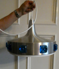 Load image into Gallery viewer, Carl Fagerlund. SWEDISH 1960s Silver Tone Pendant Lampshade with Blue Glass Inclusions and Original Diffuser Below
