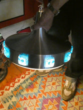 Load image into Gallery viewer, Carl Fagerlund. SWEDISH 1960s Silver Tone Pendant Lampshade with Blue Glass Inclusions and Original Diffuser Below
