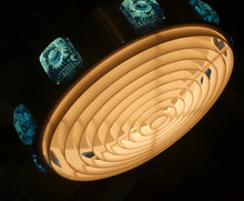 Load image into Gallery viewer, Carl Fagerlund. SWEDISH 1960s Silver Tone Pendant Lampshade with Blue Glass Inclusions and Original Diffuser Below

