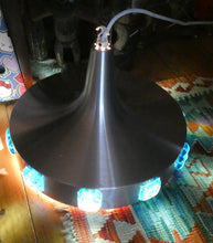 Load image into Gallery viewer, Carl Fagerlund. SWEDISH 1960s Silver Tone Pendant Lampshade with Blue Glass Inclusions and Original Diffuser Below

