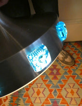 Load image into Gallery viewer, Carl Fagerlund. SWEDISH 1960s Silver Tone Pendant Lampshade with Blue Glass Inclusions and Original Diffuser Below
