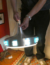 Load image into Gallery viewer, Carl Fagerlund. SWEDISH 1960s Silver Tone Pendant Lampshade with Blue Glass Inclusions and Original Diffuser Below
