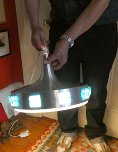 Carl Fagerlund. SWEDISH 1960s Silver Tone Pendant Lampshade with Blue Glass Inclusions and Original Diffuser Below