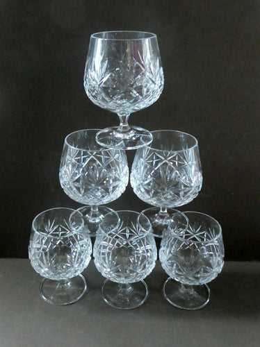 Set of SIX Matching Cut Crystal Brandy Glasses. Height 4 1/4 inches