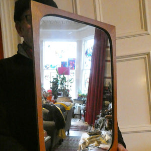 1960s DANISH Pedersen & Hansen (P&H) wall mirror in a teak wooden frame with a small integrated shelf.