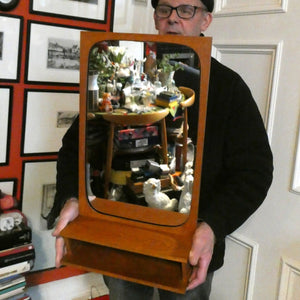 1960s DANISH Pedersen & Hansen (P&H) wall mirror in a teak wooden frame with a small integrated shelf.