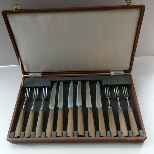 1960s Cutlery Set by MILLS MOORE, England. Set of Six Steak Knives and Forks. Original Box