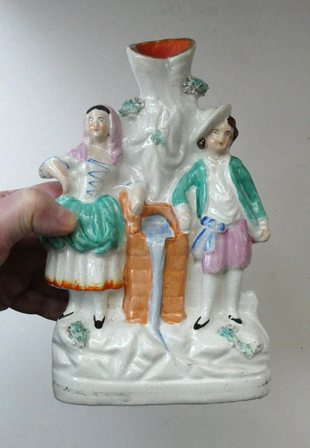 Antique STAFFORDSHIRE Flatback Figurine / SPILL VASE. Victorian Couple Standing Beside a Water Wall