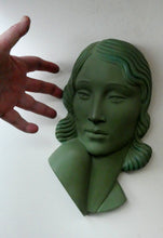 Load image into Gallery viewer, Vintage Art Deco 1930s Wall Mask by G. Leonardi. Hollywood Glamour. Original Green Patina
