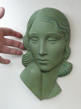 Load image into Gallery viewer, Vintage Art Deco 1930s Wall Mask by G. Leonardi. Hollywood Glamour. Original Green Patina
