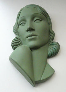 Vintage Art Deco 1930s Wall Mask by G. Leonardi. Hollywood Glamour. Original Green Patina
