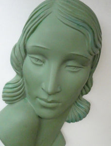 Vintage Art Deco 1930s Wall Mask by G. Leonardi. Hollywood Glamour. Original Green Patina
