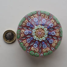 Load image into Gallery viewer,  Vintage Scottish PERTHSHIRE Paperweight. Sugar Pink Ground, 10 Short Spokes &amp; Millefiori Canes
