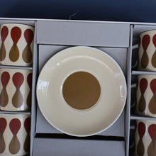Load image into Gallery viewer, Set of Six 1960s Susie Cooper (Wedgwood). Rare DUMBELLS or Diablo Bone China Coffee Cans and Saucers. BOXED
