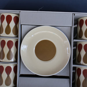 Set of Six 1960s Susie Cooper (Wedgwood). Rare DUMBELLS or Diablo Bone China Coffee Cans and Saucers. BOXED