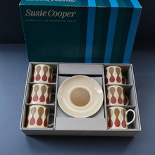 Load image into Gallery viewer, Set of Six 1960s Susie Cooper (Wedgwood). Rare DUMBELLS or Diablo Bone China Coffee Cans and Saucers. BOXED
