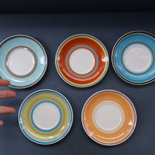 Load image into Gallery viewer, FIVE 1960s Susie Cooper (Wedgwood). Multi-Coloured Gay Stripes Bone China Coffee Cans and Saucers
