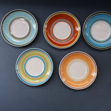 Load image into Gallery viewer, FIVE 1960s Susie Cooper (Wedgwood). Multi-Coloured Gay Stripes Bone China Coffee Cans and Saucers
