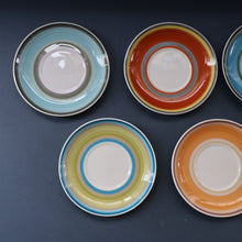 Load image into Gallery viewer, FIVE 1960s Susie Cooper (Wedgwood). Multi-Coloured Gay Stripes Bone China Coffee Cans and Saucers

