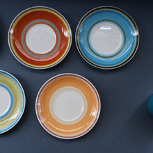 Load image into Gallery viewer, FIVE 1960s Susie Cooper (Wedgwood). Multi-Coloured Gay Stripes Bone China Coffee Cans and Saucers
