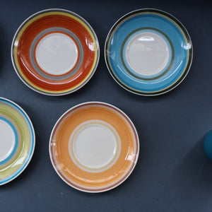 FIVE 1960s Susie Cooper (Wedgwood). Multi-Coloured Gay Stripes Bone China Coffee Cans and Saucers