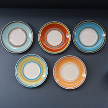 Load image into Gallery viewer, FIVE 1960s Susie Cooper (Wedgwood). Multi-Coloured Gay Stripes Bone China Coffee Cans and Saucers

