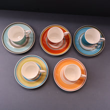 Load image into Gallery viewer, FIVE 1960s Susie Cooper (Wedgwood). Multi-Coloured Gay Stripes Bone China Coffee Cans and Saucers
