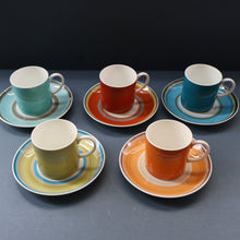 Load image into Gallery viewer, FIVE 1960s Susie Cooper (Wedgwood). Multi-Coloured Gay Stripes Bone China Coffee Cans and Saucers
