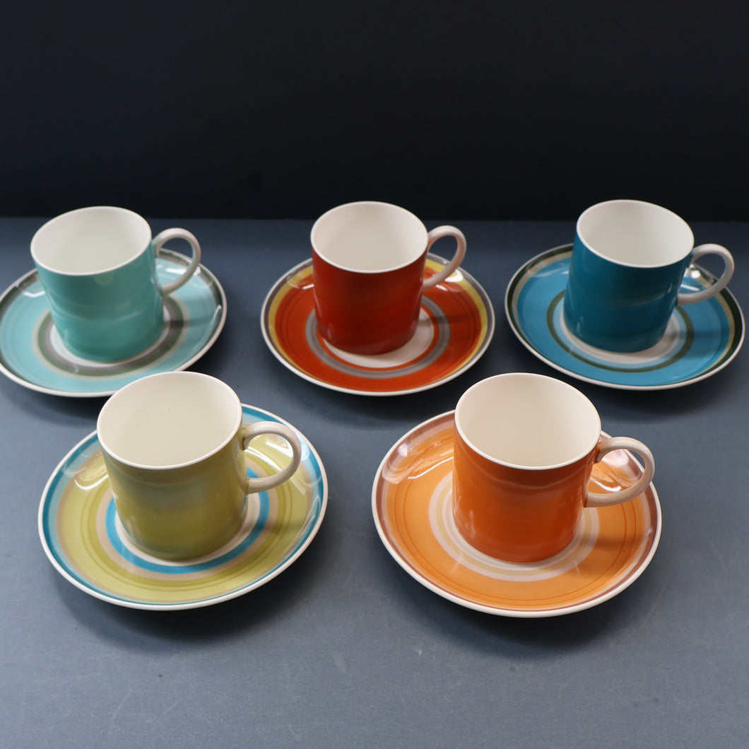 FIVE 1960s Susie Cooper (Wedgwood). Multi-Coloured Gay Stripes Bone China Coffee Cans and Saucers