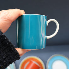 Load image into Gallery viewer, FIVE 1960s Susie Cooper (Wedgwood). Multi-Coloured Gay Stripes Bone China Coffee Cans and Saucers
