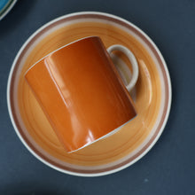 Load image into Gallery viewer, FIVE 1960s Susie Cooper (Wedgwood). Multi-Coloured Gay Stripes Bone China Coffee Cans and Saucers
