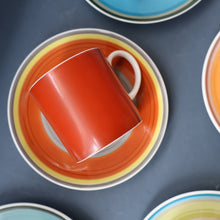 Load image into Gallery viewer, FIVE 1960s Susie Cooper (Wedgwood). Multi-Coloured Gay Stripes Bone China Coffee Cans and Saucers
