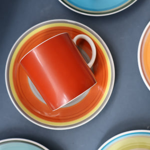 FIVE 1960s Susie Cooper (Wedgwood). Multi-Coloured Gay Stripes Bone China Coffee Cans and Saucers