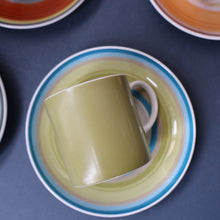 Load image into Gallery viewer, FIVE 1960s Susie Cooper (Wedgwood). Multi-Coloured Gay Stripes Bone China Coffee Cans and Saucers
