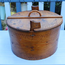 Load image into Gallery viewer, Antique 19th Century Scandinavian Bentwood Box with Prickwork/ Pokerwork Decoration. 16 inches diameter

