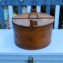 Load image into Gallery viewer, Antique 19th Century Scandinavian Bentwood Box with Prickwork/ Pokerwork Decoration. 16 inches diameter

