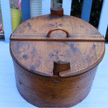 Load image into Gallery viewer, Antique 19th Century Scandinavian Bentwood Box with Prickwork/ Pokerwork Decoration. 16 inches diameter

