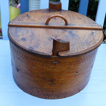 Load image into Gallery viewer, Antique 19th Century Scandinavian Bentwood Box with Prickwork/ Pokerwork Decoration. 16 inches diameter

