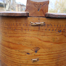Load image into Gallery viewer, Antique 19th Century Scandinavian Bentwood Box with Prickwork/ Pokerwork Decoration. 16 inches diameter


