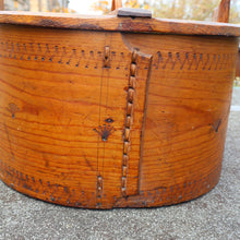 Load image into Gallery viewer, Antique 19th Century Scandinavian Bentwood Box with Prickwork/ Pokerwork Decoration. 16 inches diameter

