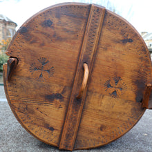 Load image into Gallery viewer, Antique 19th Century Scandinavian Bentwood Box with Prickwork/ Pokerwork Decoration. 16 inches diameter

