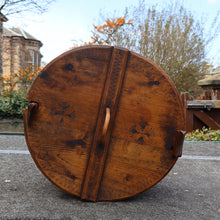 Load image into Gallery viewer, Antique 19th Century Scandinavian Bentwood Box with Prickwork/ Pokerwork Decoration. 16 inches diameter

