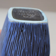 Load image into Gallery viewer, Vintage 1950s NORWEGIAN AWF (Arnold Wiigs Fabrikker) Angular Blue Pottery Vase with Abstract Decoration
