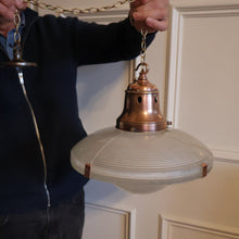 Load image into Gallery viewer, GENUINE Antique Glass HOLOPHANE Pendant Two Part Light Shade with Copper Fittings, Brass Ceiling Hook Fitment and Hanging Chain
